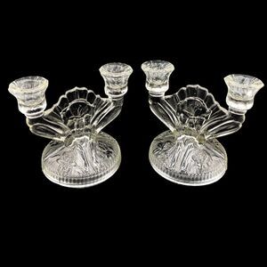 Vintage Art Deco Jeannette Glass Candlestick Holders Iris Herringbone Set of 2